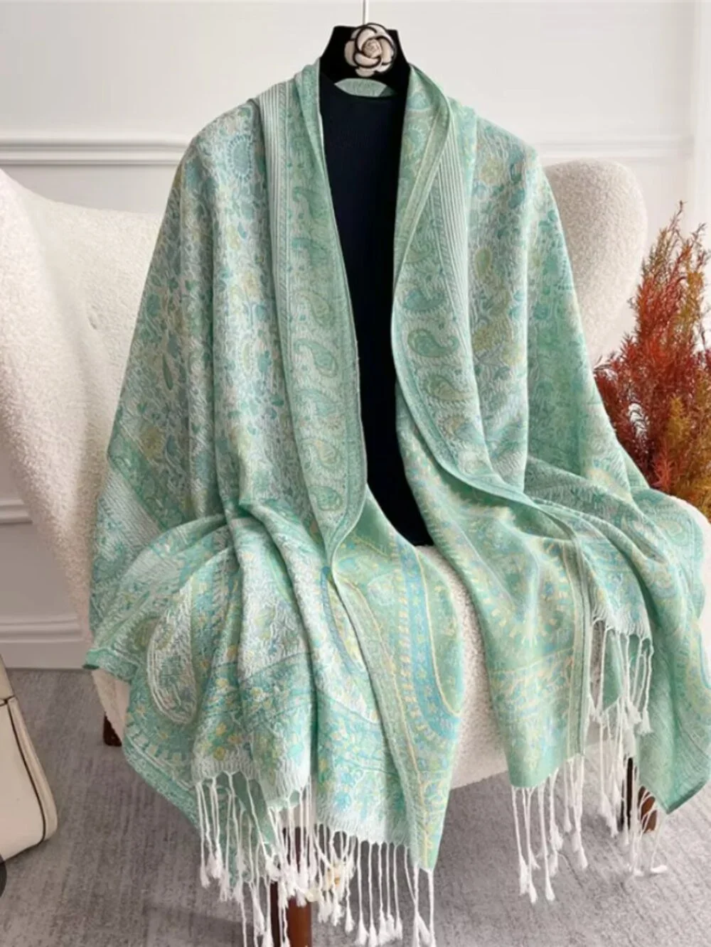 Light Green Paisley pashmina Scarf / Shawl
